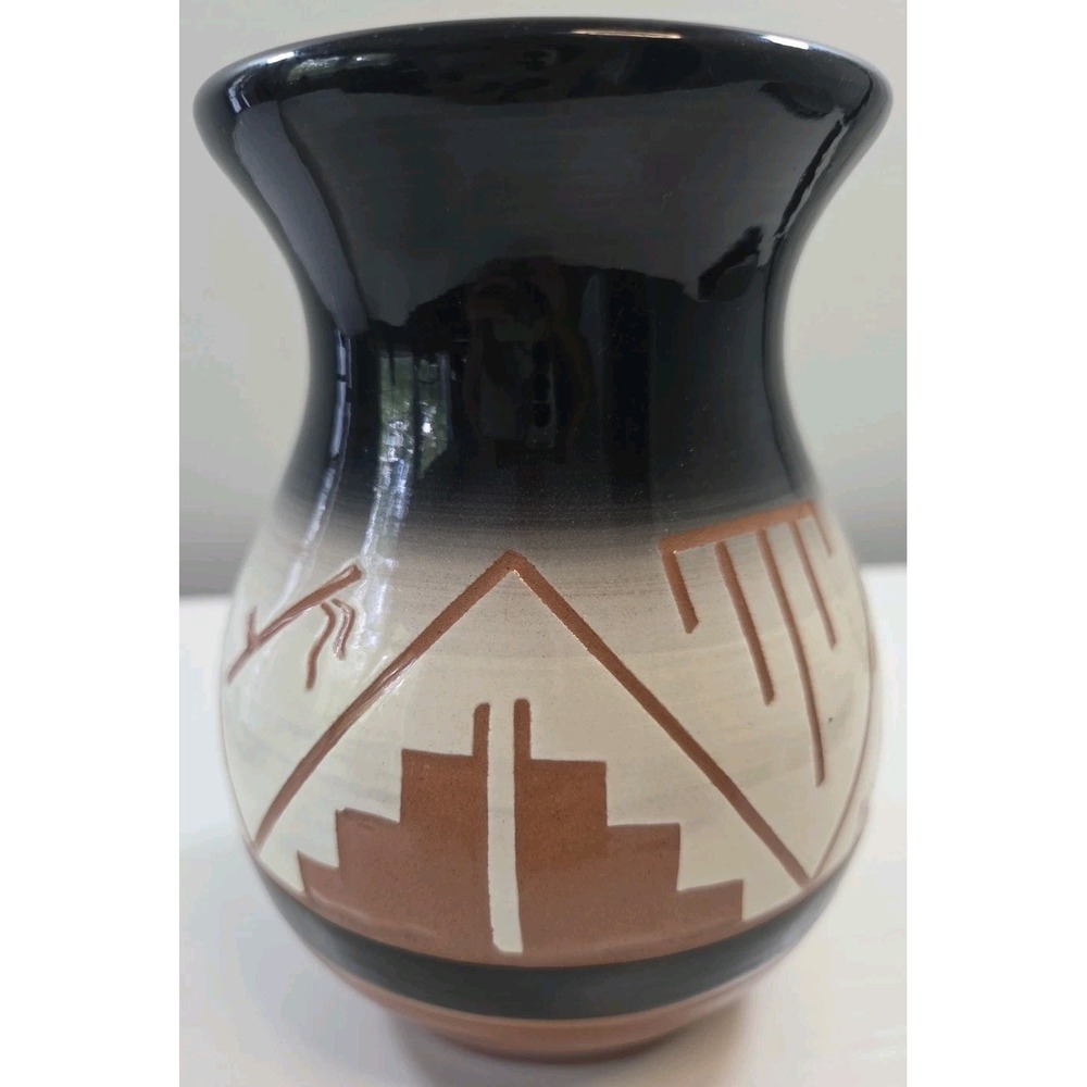 Small Glazed Native American Pottery Geometric Design Signed